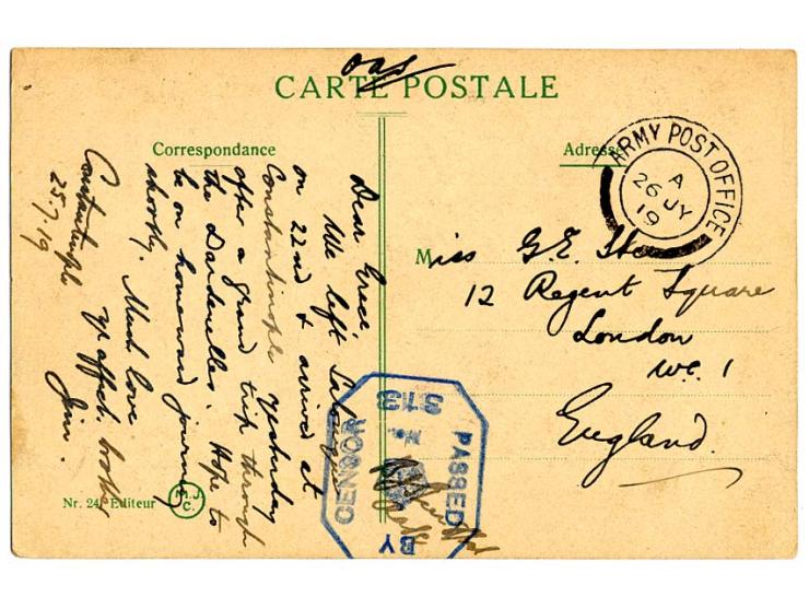 1917/19, 7 Ansichtskarten mit verschiedenen Feldpoststempeln und Zensuren, u.a. ARMY POST OFFICE SZ 26 D, alle nach England a