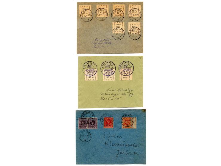1919/24, 7 Briefe, dabei Mi.-Nr. 17-19 mit Wappenreiter-Stempel "SESTAKAVAS", außerdem Verzähnungen auf Brief sowie ein Lupo-