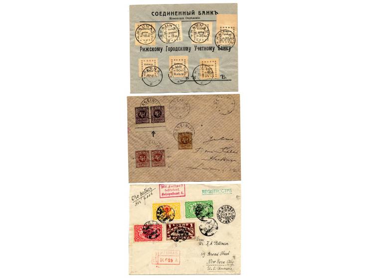 1919/24, 7 Briefe, dabei Mi.-Nr. 17-19 mit Wappenreiter-Stempel "SESTAKAVAS", außerdem Verzähnungen auf Brief sowie ein Lupo-