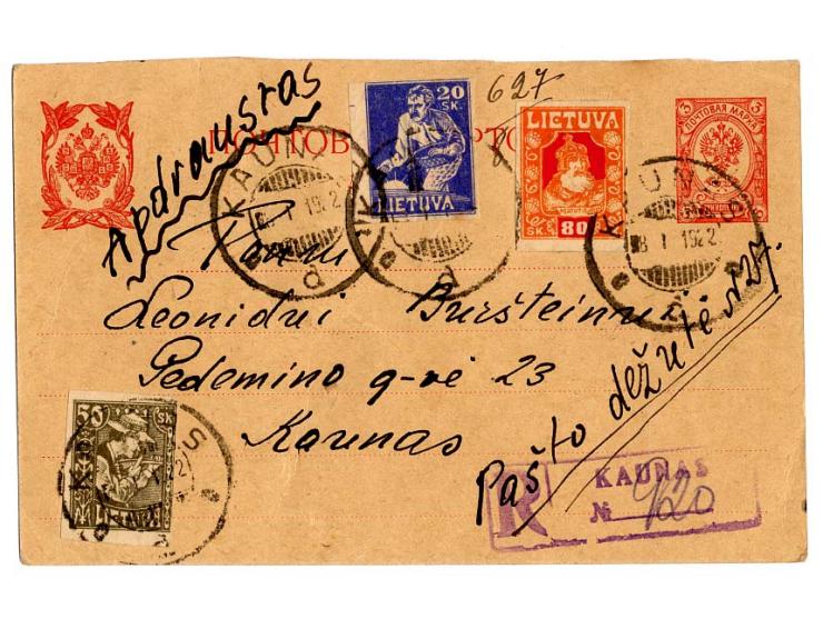 1919/24, 7 Briefe, dabei Mi.-Nr. 17-19 mit Wappenreiter-Stempel "SESTAKAVAS", außerdem Verzähnungen auf Brief sowie ein Lupo-