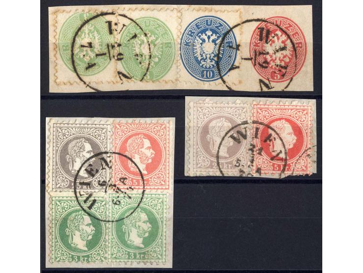 1863/67, 3 Briefstücke mit Buntfrankaturen, teils unauffällig fehlerhaft, je Fotobefund Elbau SBPV