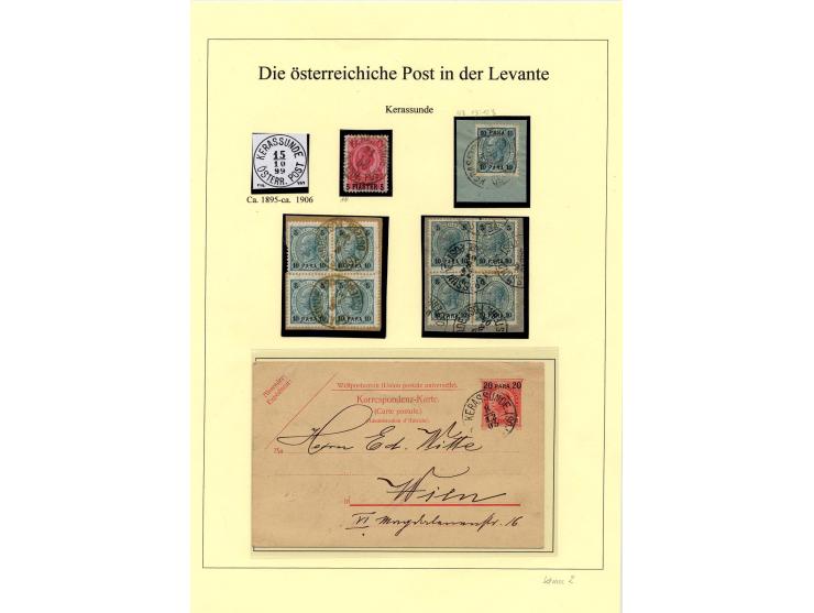 KERASSUNDE: 1875/1908, Stempelsammlung auf losen Marken, Briefstücken und einer Ganzsache nach Wien, 1 Attest Hochleutner