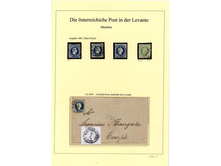 METELINE: 1864/1914, Stempelsammlung auf losen Marken, Briefstücken, Brief und Karte, ein Attest und ein Befund; auf 5 selbst