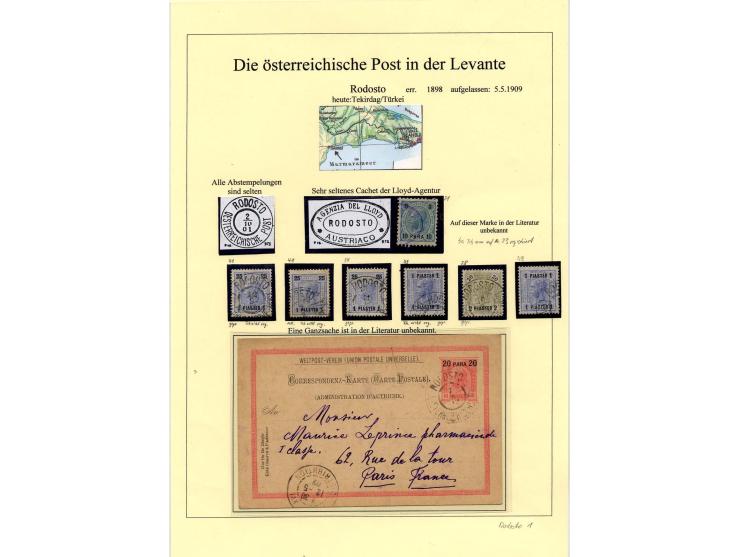 RODOSTO: 1890/1909, Stempelsammlung auf 7 Marken und einer Ganzsache nach Paris, dabei Teilabschläge seltener Stempel, 1 Befu