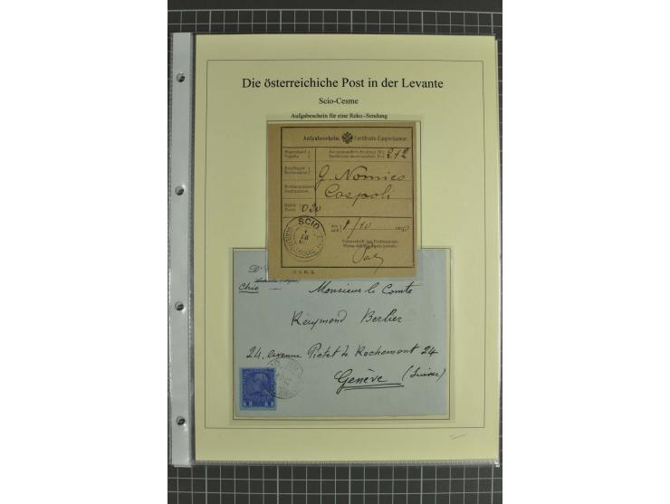 SCIO-CESME: 1863/1914, Stempelsammlung auf losen Marken, Briefstück, 2 Auslandsbriefen, Ganzsache und Aufgabeschein, 1 Befund