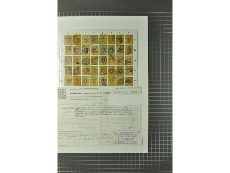 1850, 10 Rp. kpl. 40er-Bogenrekonstruktion, gestempelt, teils Beanstandungen, einige signiert mit 2 Befunden (Mi.-Nr. 8II; Mi