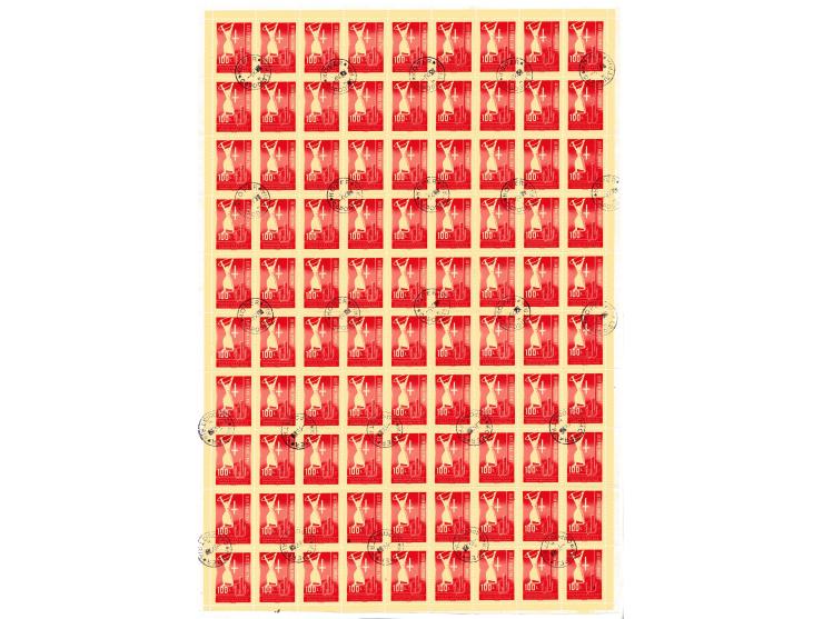 1948, Tag der Arbeit, 210 gestempelte Dreierstreifen in gefalteten Bogen (Mi. 1 I-III; 16.800,-)