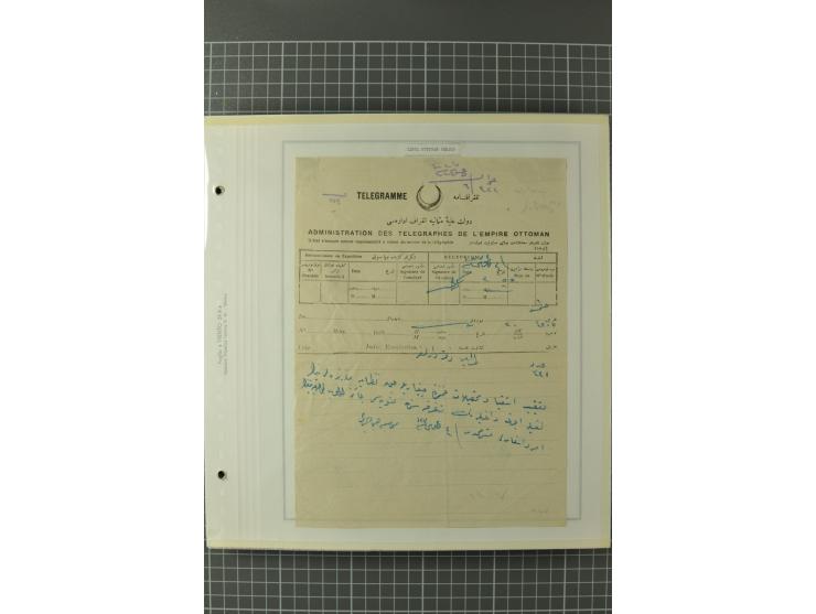 1880/1911 (ca.), Osmanische Periode, Sammlung mit losen Marken, Briefstücken, Briefen und Karten, dabei Telegramme, Formulare
