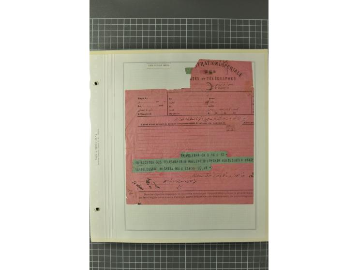 1880/1911 (ca.), Osmanische Periode, Sammlung mit losen Marken, Briefstücken, Briefen und Karten, dabei Telegramme, Formulare