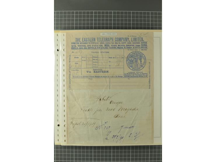 1880/1911 (ca.), Osmanische Periode, Sammlung mit losen Marken, Briefstücken, Briefen und Karten, dabei Telegramme, Formulare