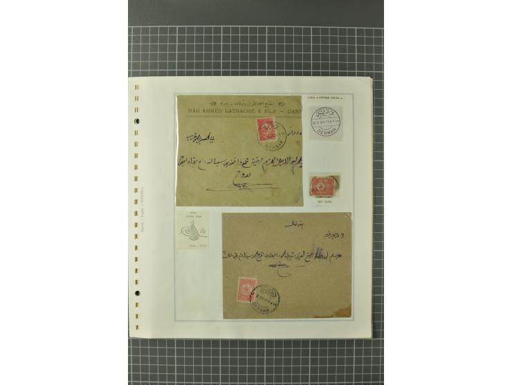 1880/1911 (ca.), Osmanische Periode, Sammlung mit losen Marken, Briefstücken, Briefen und Karten, dabei Telegramme, Formulare