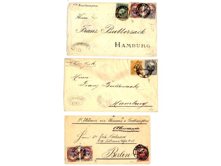1880/86, 2 Briefe und 1 Vorderseite nach Deutschland mit diversen Handstempeln-Frankaturen, jeweils Befund Holcombe
