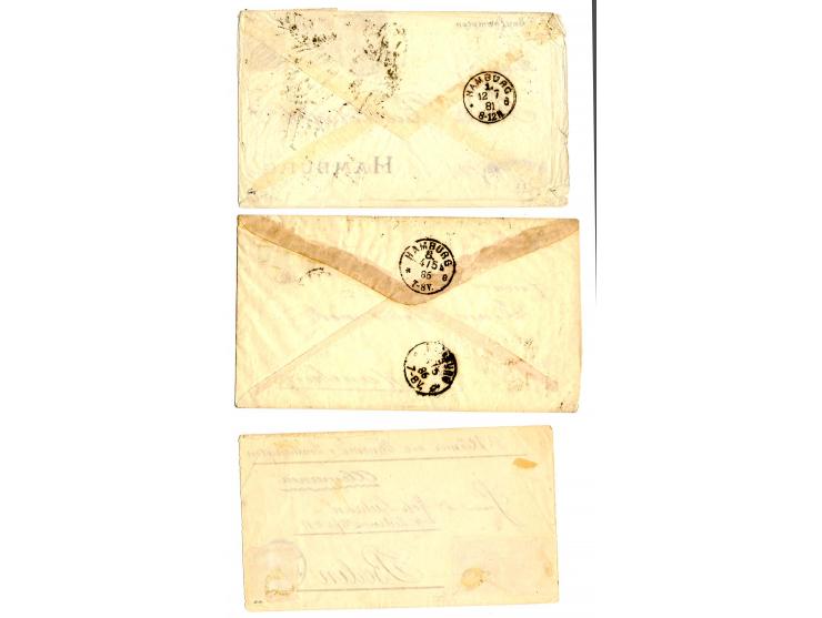 1880/86, 2 Briefe und 1 Vorderseite nach Deutschland mit diversen Handstempeln-Frankaturen, jeweils Befund Holcombe