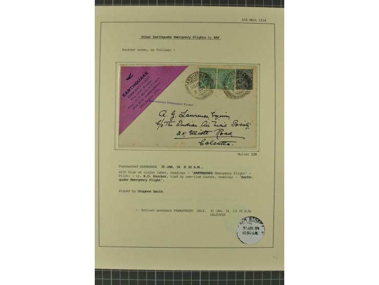 INDIEN: 1920/34, 18 Briefe/Karten, meist Erst- und Sonderflüge, dabei 3 Briefe "EARTHQUAKE EMERGENCY FLIGHT" 1934; sauber auf