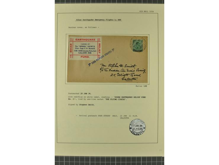 INDIEN: 1920/34, 18 Briefe/Karten, meist Erst- und Sonderflüge, dabei 3 Briefe "EARTHQUAKE EMERGENCY FLIGHT" 1934; sauber auf