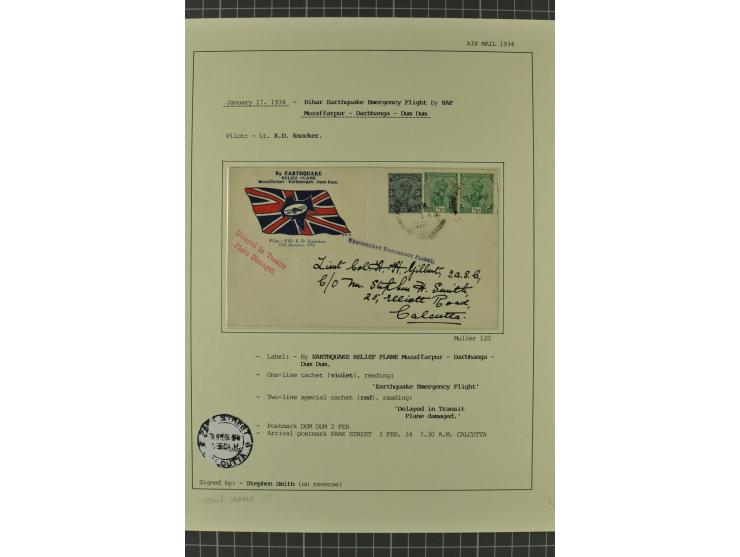 INDIEN: 1920/34, 18 Briefe/Karten, meist Erst- und Sonderflüge, dabei 3 Briefe "EARTHQUAKE EMERGENCY FLIGHT" 1934; sauber auf