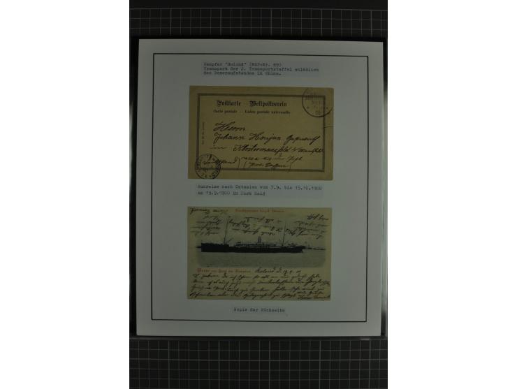 1888/1916, ausstellungsmäßig aufgemachte Sammlung mit 52 Karten und Briefen sowie 22 Briefstücken, dabei viel Auslandspostämt