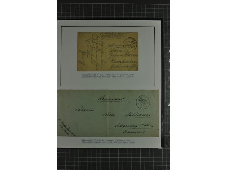 1888/1916, ausstellungsmäßig aufgemachte Sammlung mit 52 Karten und Briefen sowie 22 Briefstücken, dabei viel Auslandspostämt