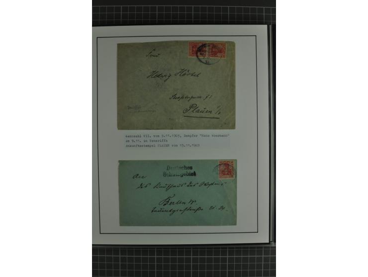 1888/1916, ausstellungsmäßig aufgemachte Sammlung mit 52 Karten und Briefen sowie 22 Briefstücken, dabei viel Auslandspostämt