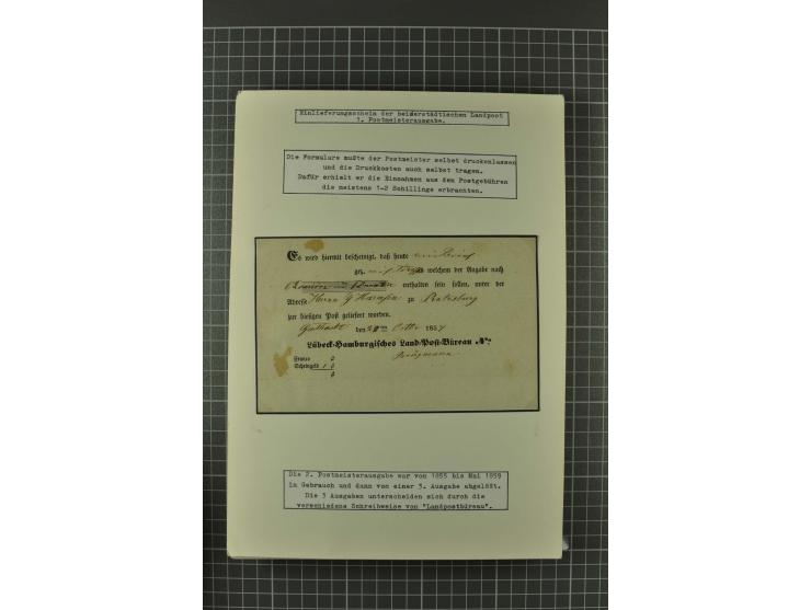 1857/74, spezialisierte aufgezogene Sammlung, beginnend mit 3 Postscheinen und diversen Probedrucken; der Markenteil mit unge