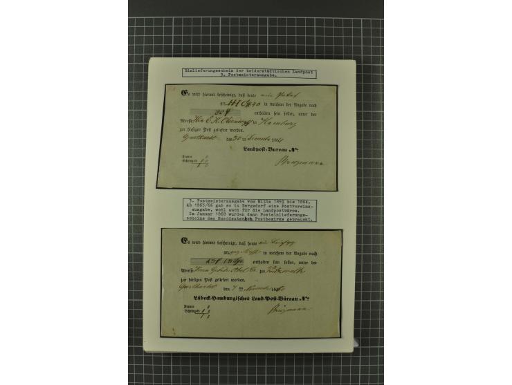 1857/74, spezialisierte aufgezogene Sammlung, beginnend mit 3 Postscheinen und diversen Probedrucken; der Markenteil mit unge