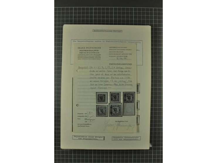1857/74, spezialisierte aufgezogene Sammlung, beginnend mit 3 Postscheinen und diversen Probedrucken; der Markenteil mit unge