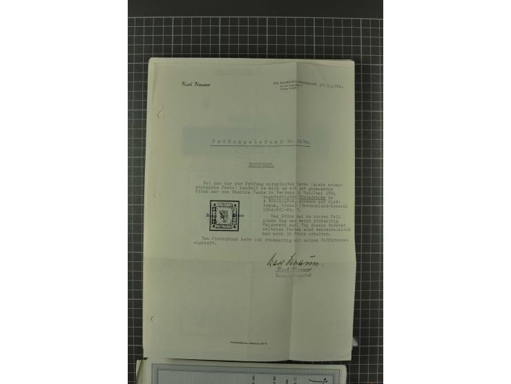 1857/74, spezialisierte aufgezogene Sammlung, beginnend mit 3 Postscheinen und diversen Probedrucken; der Markenteil mit unge