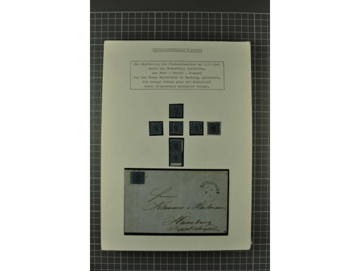 1857/74, spezialisierte aufgezogene Sammlung, beginnend mit 3 Postscheinen und diversen Probedrucken; der Markenteil mit unge