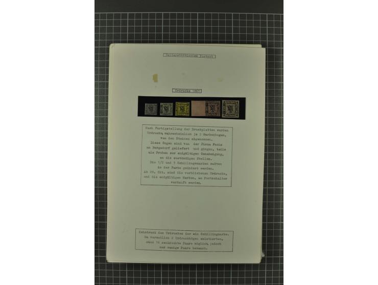 1857/74, spezialisierte aufgezogene Sammlung, beginnend mit 3 Postscheinen und diversen Probedrucken; der Markenteil mit unge