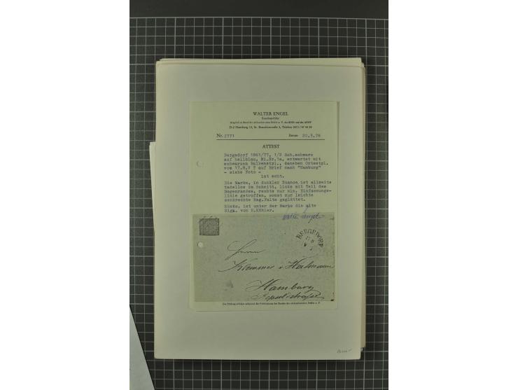 1857/74, spezialisierte aufgezogene Sammlung, beginnend mit 3 Postscheinen und diversen Probedrucken; der Markenteil mit unge