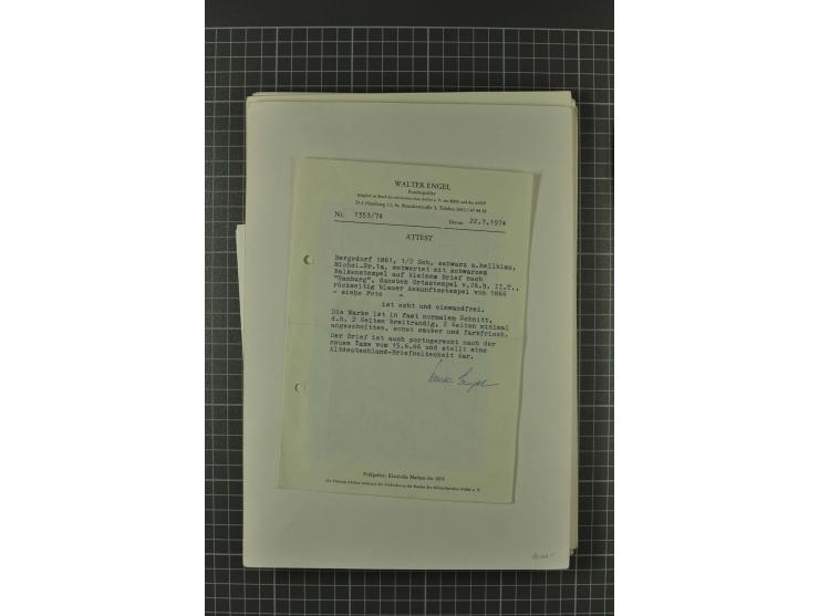 1857/74, spezialisierte aufgezogene Sammlung, beginnend mit 3 Postscheinen und diversen Probedrucken; der Markenteil mit unge