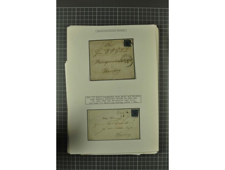 1857/74, spezialisierte aufgezogene Sammlung, beginnend mit 3 Postscheinen und diversen Probedrucken; der Markenteil mit unge