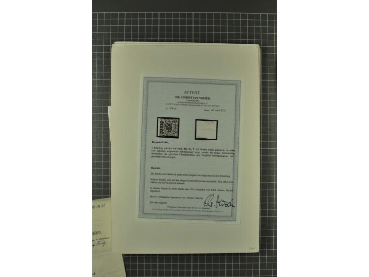 1857/74, spezialisierte aufgezogene Sammlung, beginnend mit 3 Postscheinen und diversen Probedrucken; der Markenteil mit unge