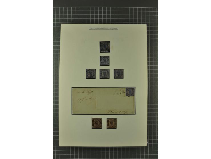 1857/74, spezialisierte aufgezogene Sammlung, beginnend mit 3 Postscheinen und diversen Probedrucken; der Markenteil mit unge