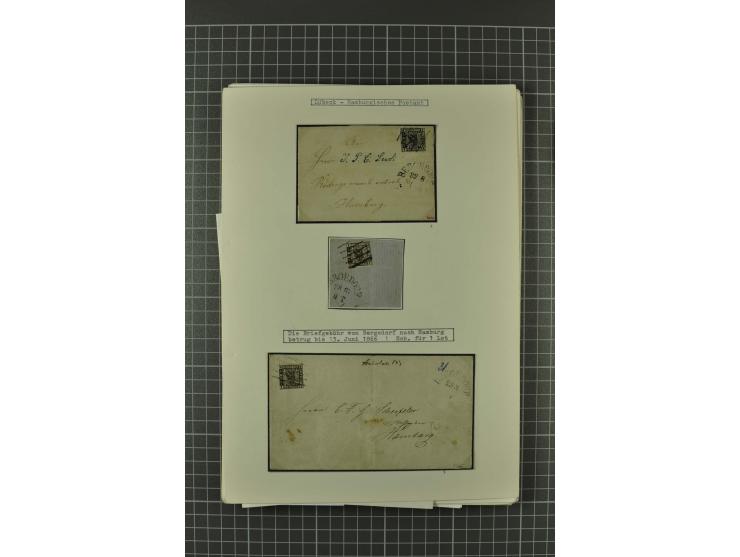 1857/74, spezialisierte aufgezogene Sammlung, beginnend mit 3 Postscheinen und diversen Probedrucken; der Markenteil mit unge