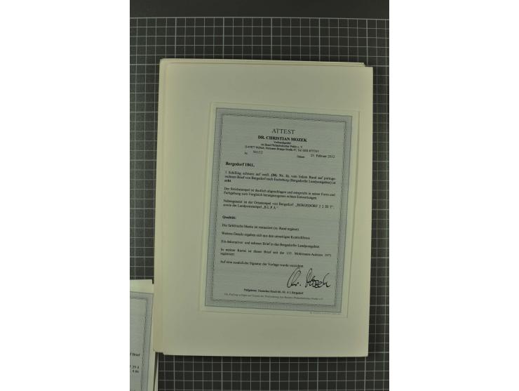 1857/74, spezialisierte aufgezogene Sammlung, beginnend mit 3 Postscheinen und diversen Probedrucken; der Markenteil mit unge