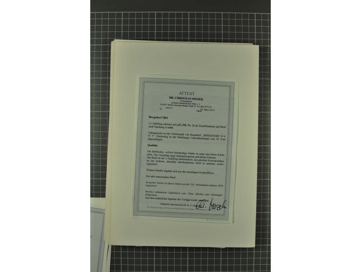 1857/74, spezialisierte aufgezogene Sammlung, beginnend mit 3 Postscheinen und diversen Probedrucken; der Markenteil mit unge