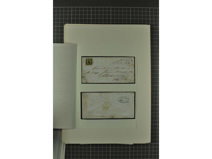 1857/74, spezialisierte aufgezogene Sammlung, beginnend mit 3 Postscheinen und diversen Probedrucken; der Markenteil mit unge