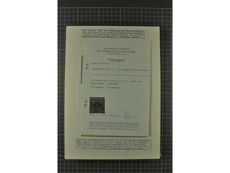 1857/74, spezialisierte aufgezogene Sammlung, beginnend mit 3 Postscheinen und diversen Probedrucken; der Markenteil mit unge