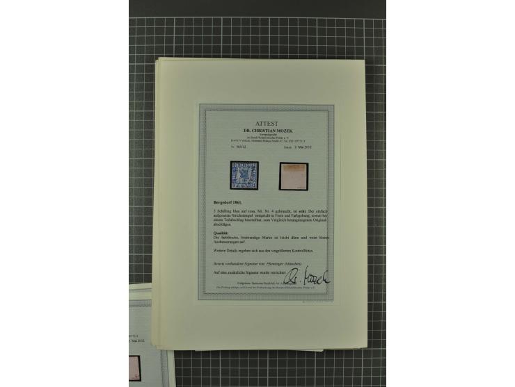 1857/74, spezialisierte aufgezogene Sammlung, beginnend mit 3 Postscheinen und diversen Probedrucken; der Markenteil mit unge
