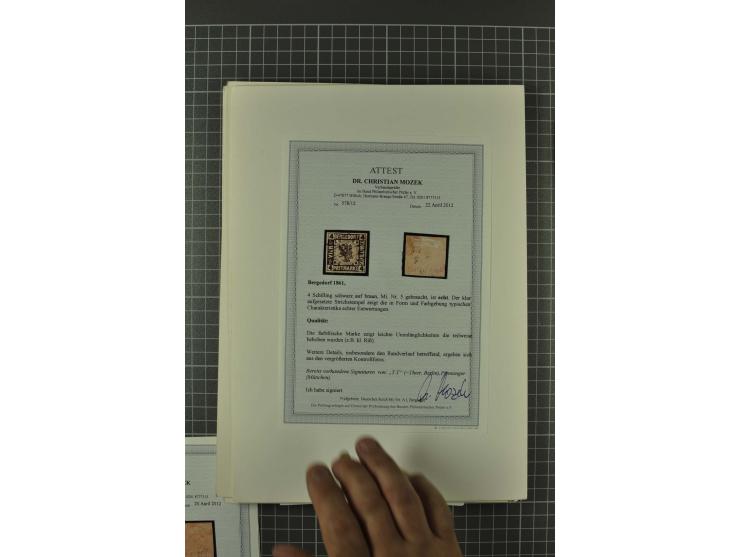 1857/74, spezialisierte aufgezogene Sammlung, beginnend mit 3 Postscheinen und diversen Probedrucken; der Markenteil mit unge