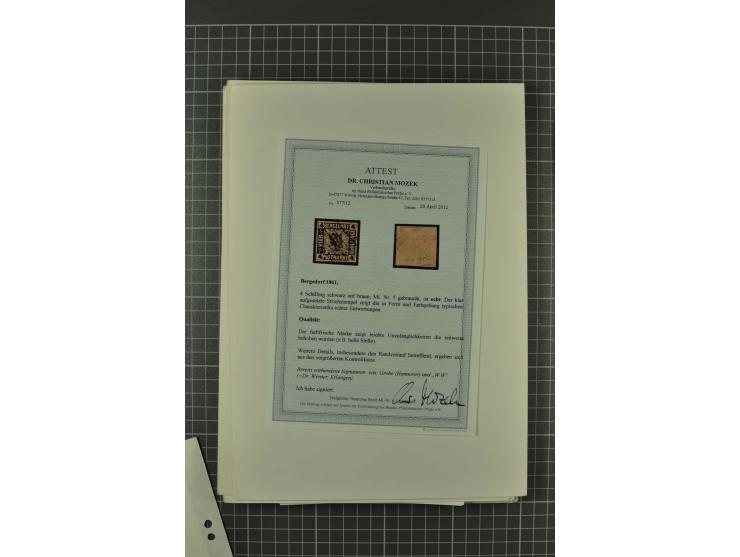 1857/74, spezialisierte aufgezogene Sammlung, beginnend mit 3 Postscheinen und diversen Probedrucken; der Markenteil mit unge