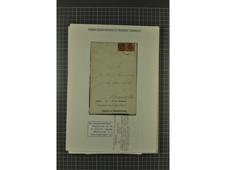1857/74, spezialisierte aufgezogene Sammlung, beginnend mit 3 Postscheinen und diversen Probedrucken; der Markenteil mit unge