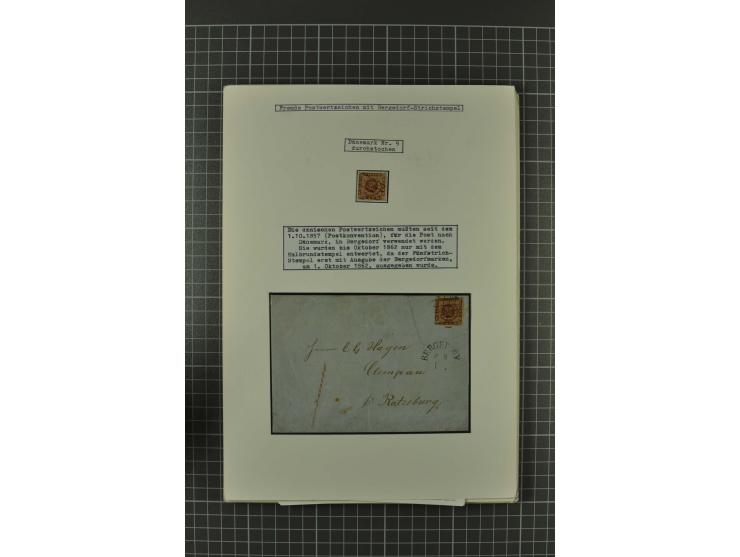 1857/74, spezialisierte aufgezogene Sammlung, beginnend mit 3 Postscheinen und diversen Probedrucken; der Markenteil mit unge