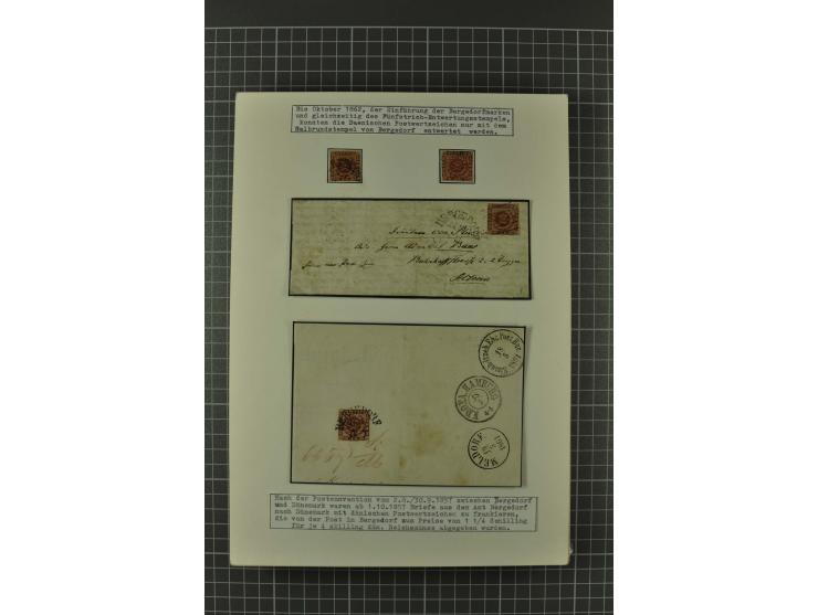 1857/74, spezialisierte aufgezogene Sammlung, beginnend mit 3 Postscheinen und diversen Probedrucken; der Markenteil mit unge