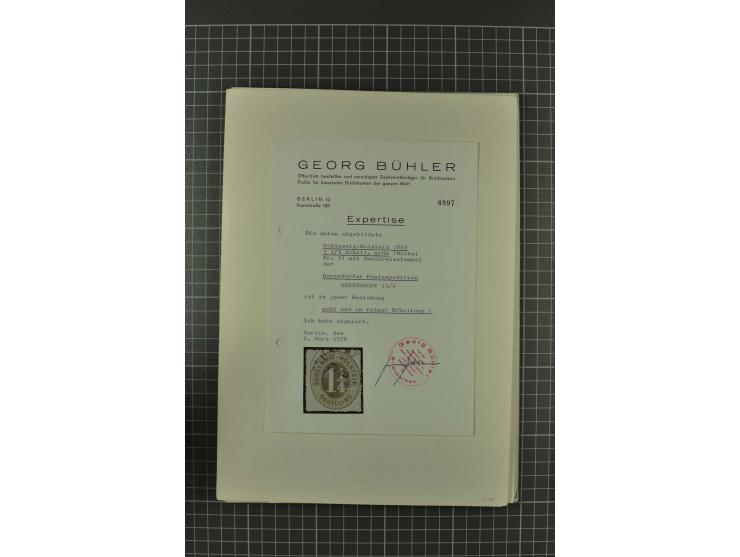 1857/74, spezialisierte aufgezogene Sammlung, beginnend mit 3 Postscheinen und diversen Probedrucken; der Markenteil mit unge