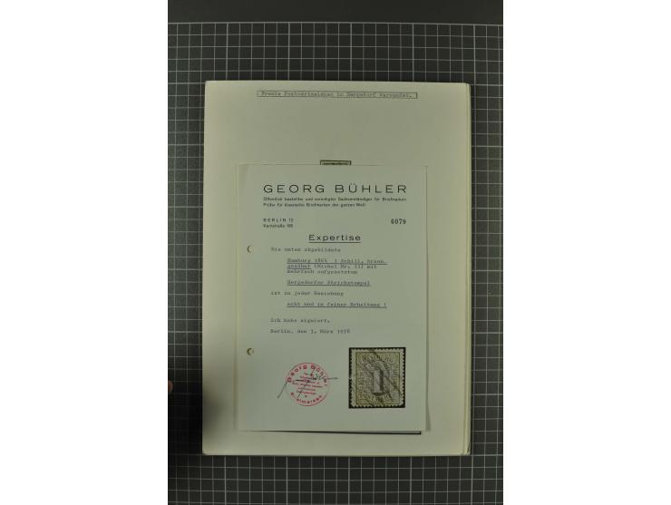 1857/74, spezialisierte aufgezogene Sammlung, beginnend mit 3 Postscheinen und diversen Probedrucken; der Markenteil mit unge