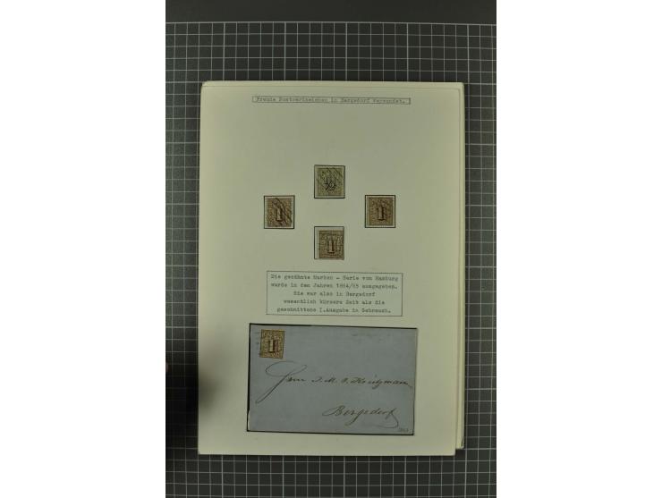 1857/74, spezialisierte aufgezogene Sammlung, beginnend mit 3 Postscheinen und diversen Probedrucken; der Markenteil mit unge