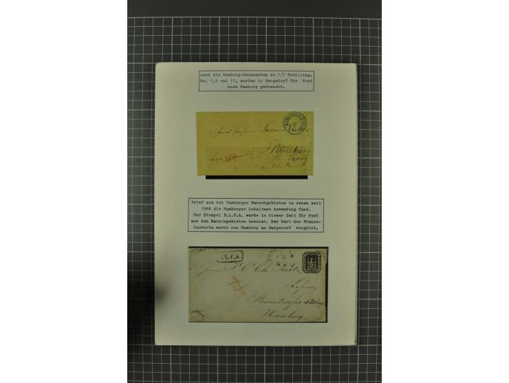 1857/74, spezialisierte aufgezogene Sammlung, beginnend mit 3 Postscheinen und diversen Probedrucken; der Markenteil mit unge