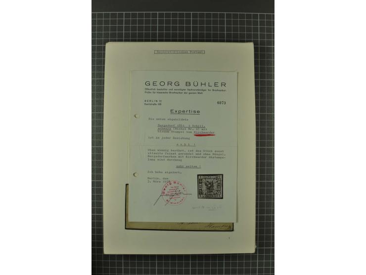 1857/74, spezialisierte aufgezogene Sammlung, beginnend mit 3 Postscheinen und diversen Probedrucken; der Markenteil mit unge